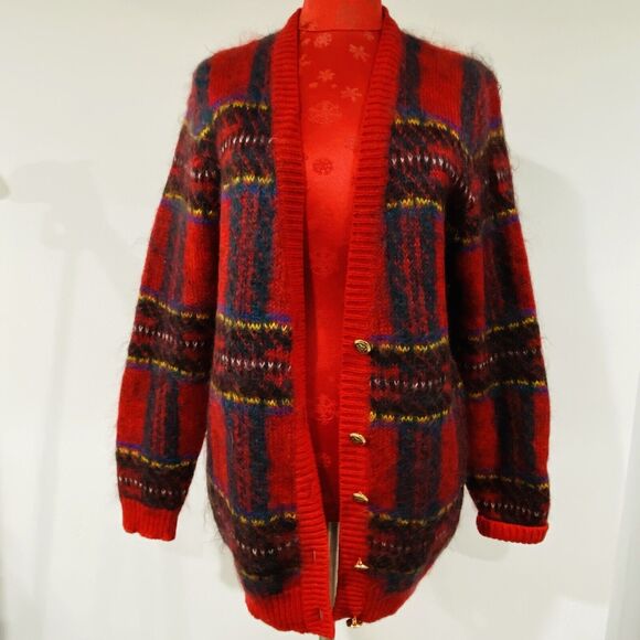 Vintage Susan Bristol Sz M Red Plaid Mohair Wool Blend Cardigan Sweater Classic - Picture 12 of 12